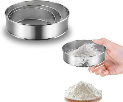 3PCS Sieve Fine Mesh with brush, Stainless Steel Round Sifter for Baking, Flour Sieve 8 Inch 60 Mesh,6 Inch 40 Mesh and 4Inch 40Mesh