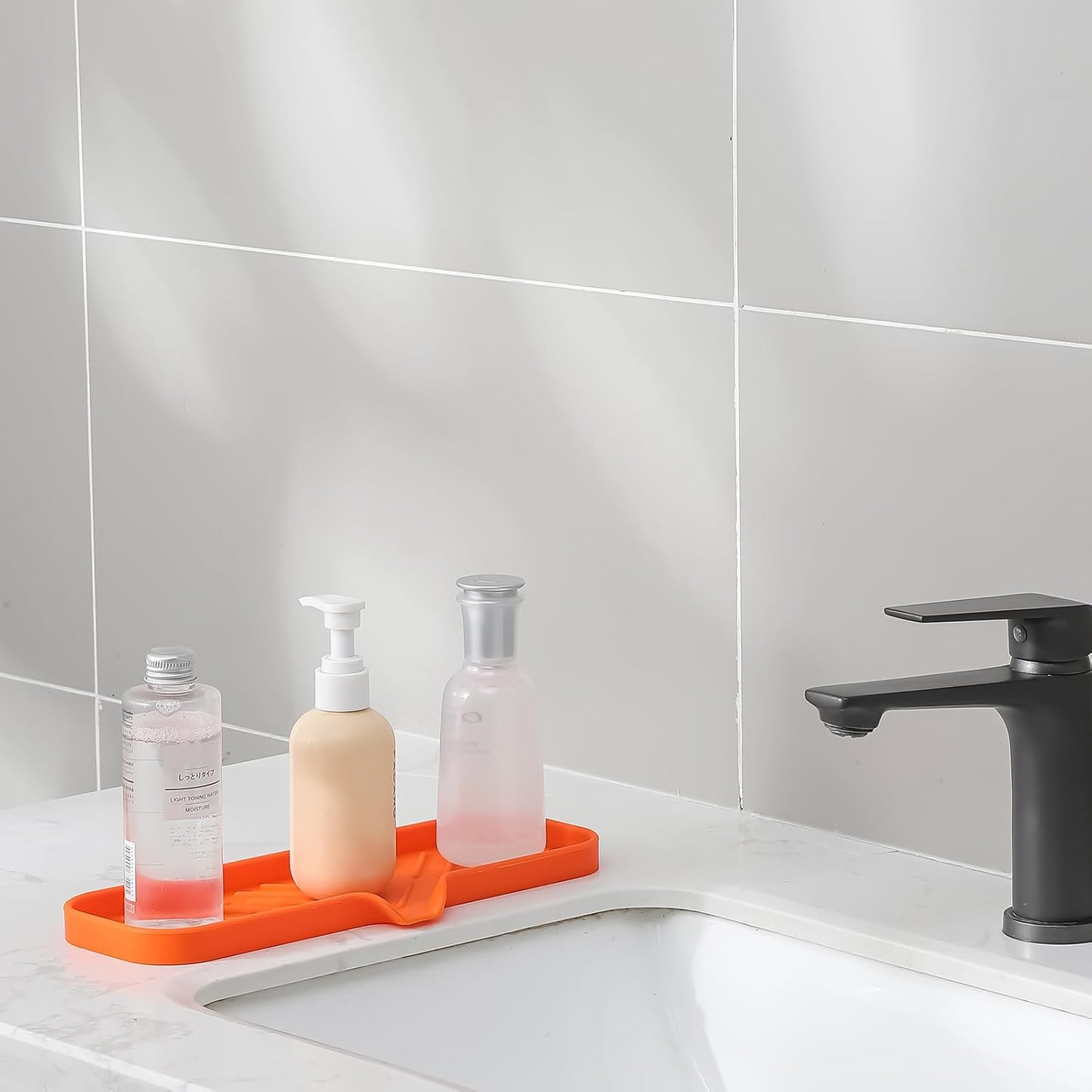 MicoYang Silicone Soap Dish with Drain Spout, Self-Draining Sink Organizer Tray for Bathroom and Kitchen, Sponges, Dispensers and Soap Holder, Non-Slip and Dishwasher Safe, Black (Compact, 4.9"×3.2")