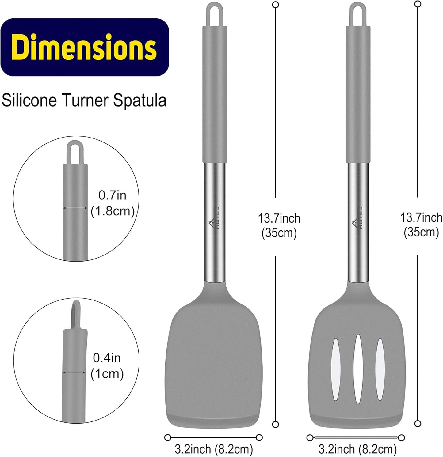 HOTEC Silicone Spatula Set of 2, High Heat-Resistant & BPA-Free Kitchen SaptulaTurner with Stainless Steel Handles, Slotted & Solid Spatulas for Nonstick Cookware, 13.7 Inch, Black