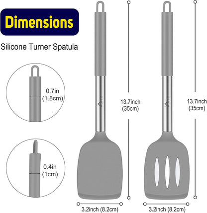 HOTEC Silicone Spatula Set of 2, High Heat-Resistant & BPA-Free Kitchen SaptulaTurner with Stainless Steel Handles, Slotted & Solid Spatulas for Nonstick Cookware, 13.7 Inch, Black