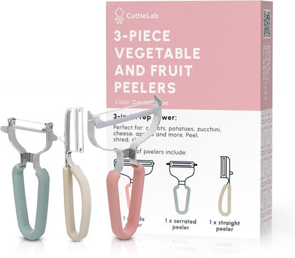 CuttleLab Vegetable Peeler Set – Serrated, Straight & Wide Blades- great apple peeler & potato peelers, Carrots, Zucchini, Cucumbers – Soft Grip Handle- Eye Remover – Dishwasher Safe (3, Country Chic)