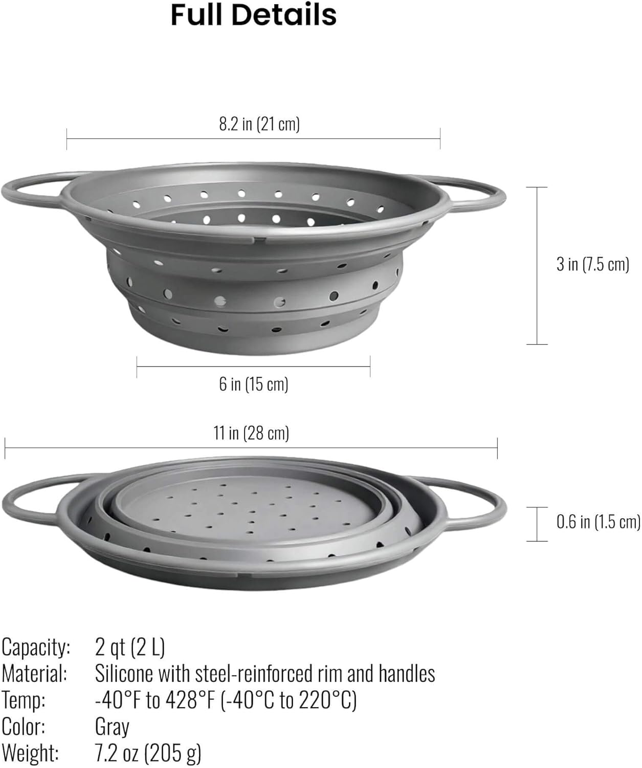 2-Quart Silicone Collapsible Colander – For Kitchen Use, Pasta Strainer, Strainers & Collapsible Strainers (Slate Gray, 2-Quart)