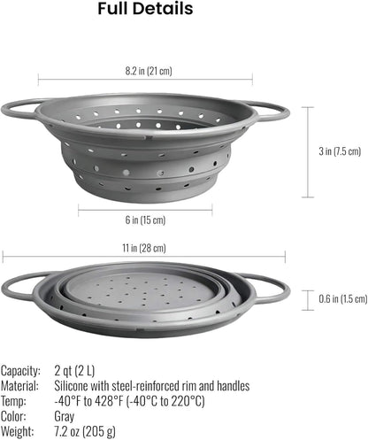 2-Quart Silicone Collapsible Colander – For Kitchen Use, Pasta Strainer, Strainers & Collapsible Strainers (Slate Gray, 2-Quart)