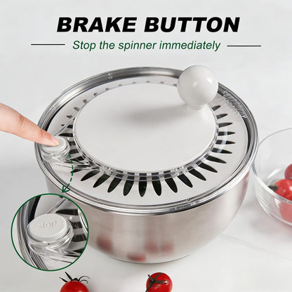 Stainless Steel Salad Spinner, 5L Capacity Vegetable Washer, Lettuce Dryer with Non-Slip Base and Stop Button, 9.65 Inch Diameter Salad Bowl Fruit Washer