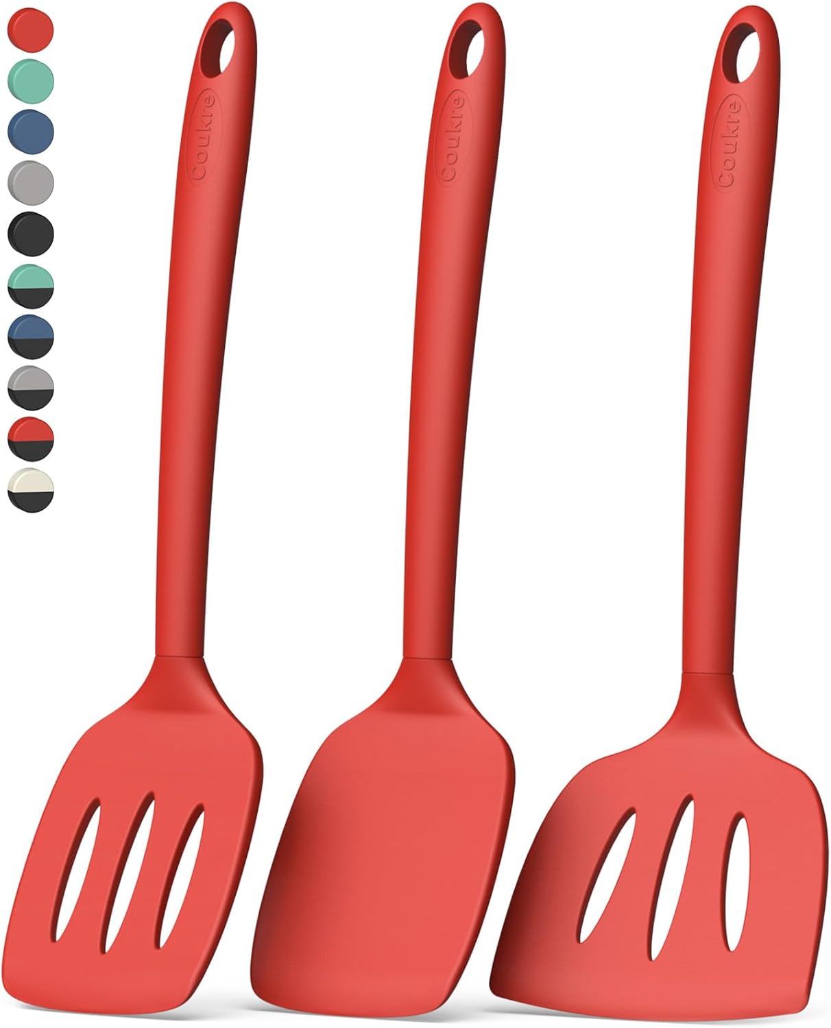 Coukre 3 Pack Silicone Spatula Set, High Heat Resistant, BPA-Free, Fish Spatula, Solid & Slotted Turner for Non-Stick Pans, Flipping Eggs, Pancakes, Fish, Burgers (3, PureBlack)