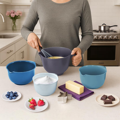 Glad Mixing Bowls with Pour Spout, Set of 4 - Nesting Plastic Bowls (1.2qt, 1.9qt, 2.8qt, and 3qt with Handle) - Non Slip Base, Dishwasher Safe Kitchen Cooking and Baking Supplies, Grey