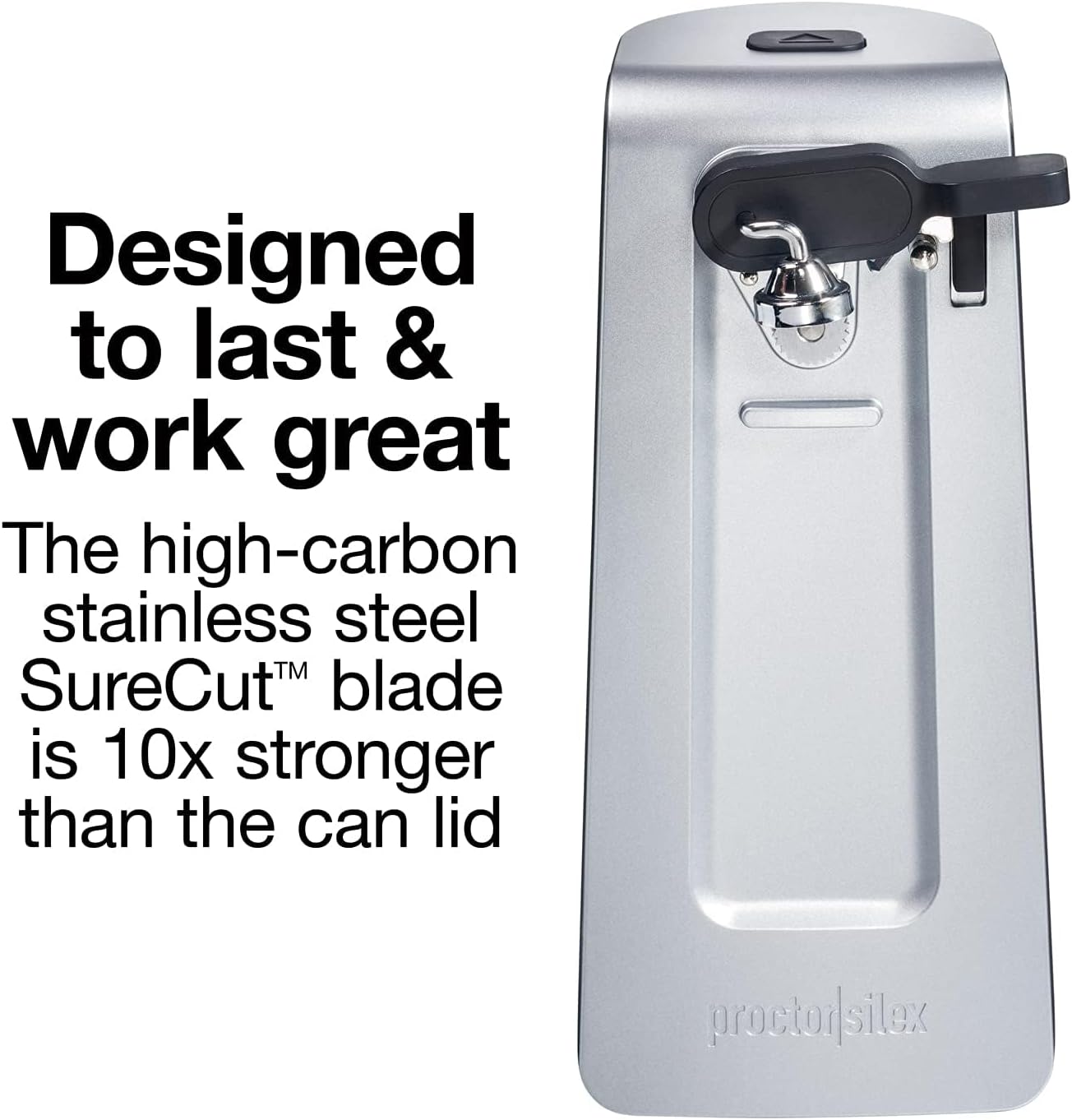 Proctor Silex SureCut Electric Automatic Can Opener for Kitchen with Stainless Steel Blade, Twist-off Easy-Clean Lever, Cord Storage, Extra Tall, Silver (75225)