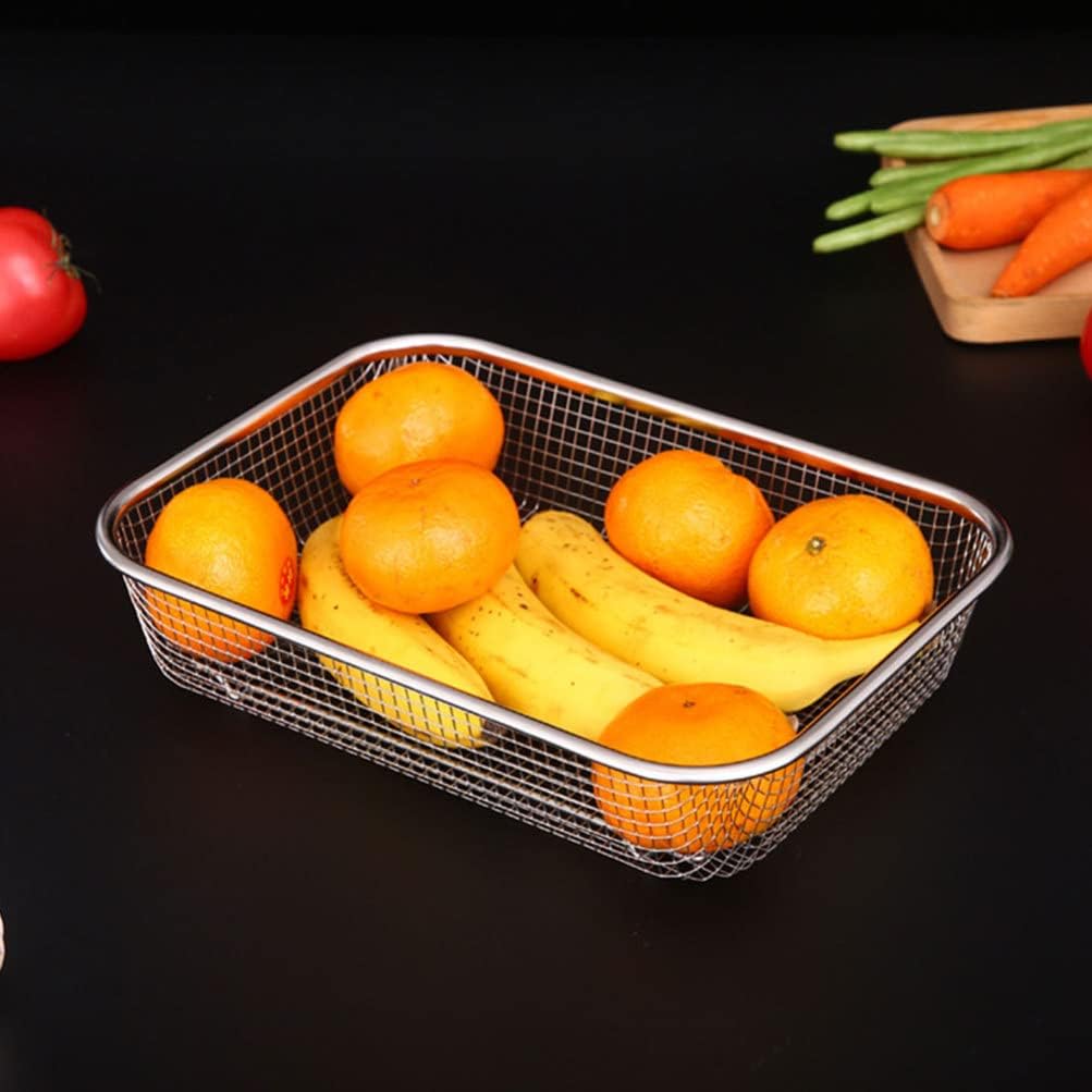 Angoily Stainless Steel Fruit Basket Rectangular Mesh Strainer Multi-Function Draining Basket for Kitchen Vegetable Washing 14.56X10.62X2.95In