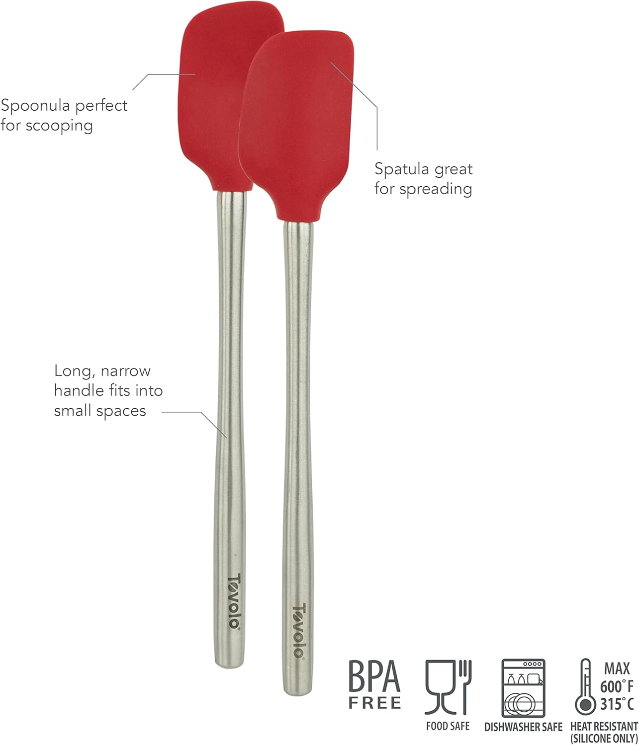Tovolo Flex Core Silicone Spatula Spoonula Set of 2 for Non Stick Cast Iron Cooking & Baking, Dishwasher Safe Heat Resistant BPA Free Long Stainless Steel Handle Kitchen Utensil, Charcoal Gray