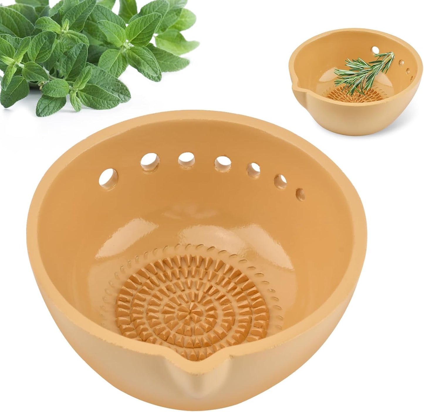 Herb Stripper Bowl with Grater, Handmade Ceramic Herb Stripper Her b Peeling Bowl Tool with 7 Hole Sizes, Kitchen Efficient Leaf Removal Tool for Peeling The Stemmed Leaves