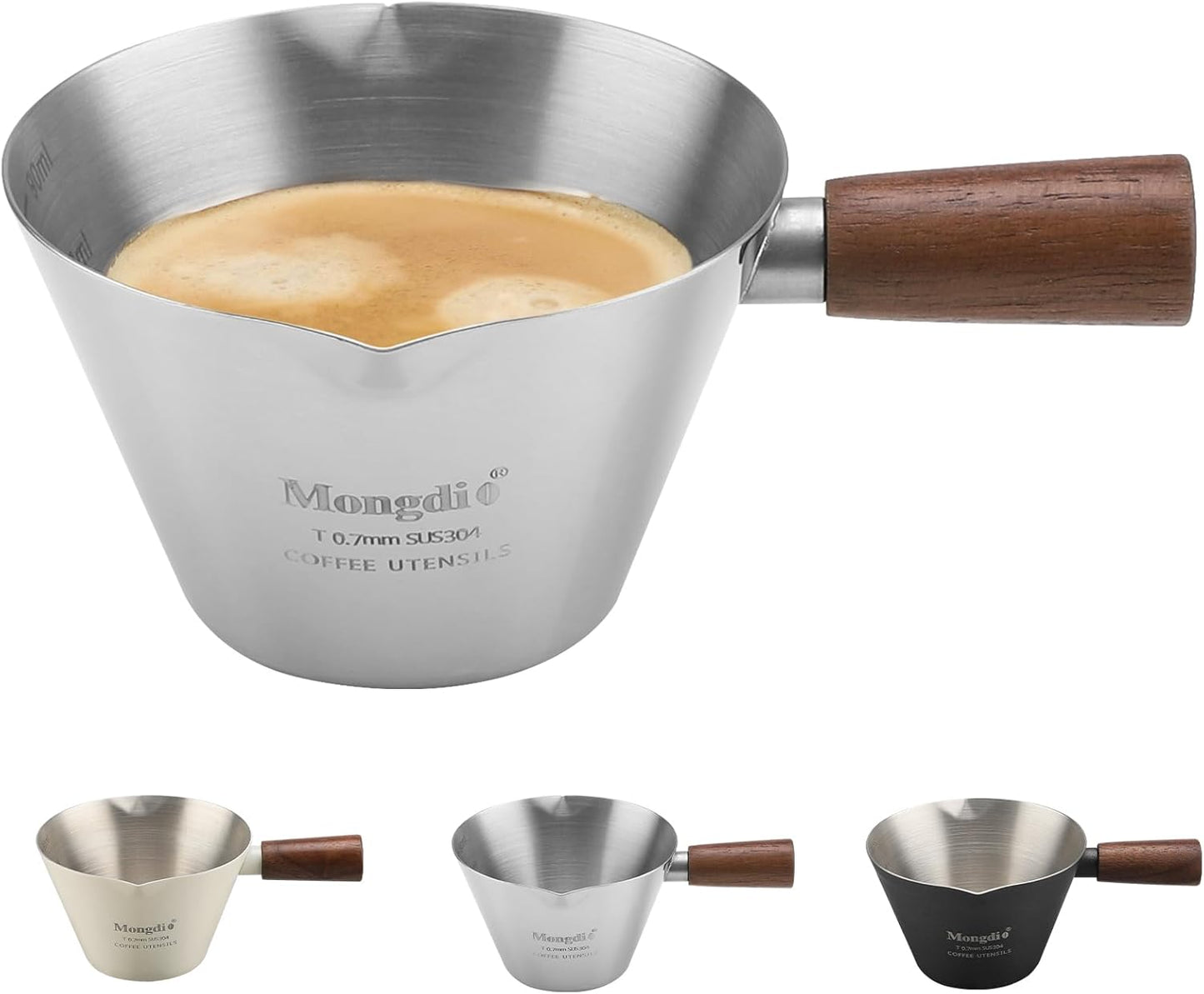 Mongdio Espresso Measuring Cup, Stainless Steel Espresso Shot Cups with Wooden Handle and Double Spouts, 6.8OZ/200ML, White