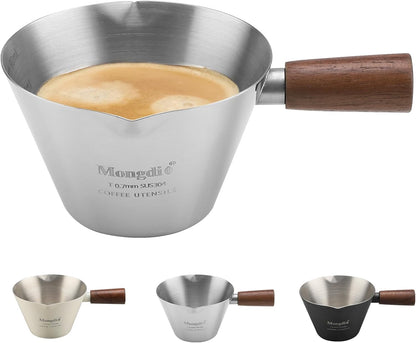 Mongdio Espresso Measuring Cup, Stainless Steel Espresso Shot Cups with Wooden Handle and Double Spouts, 6.8OZ/200ML, White
