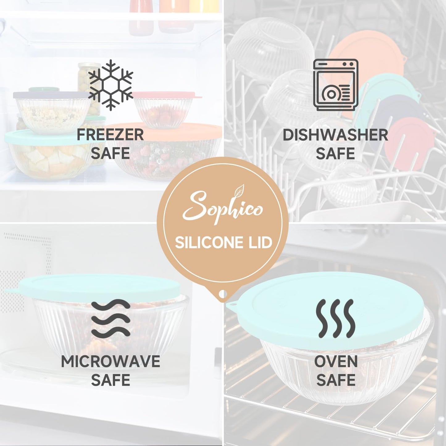 SOPHICO Silicone Replacement Lids for Pyrex Sculpted Glass & Tinted Glass Bowls Mixing Bowls（4 size）
