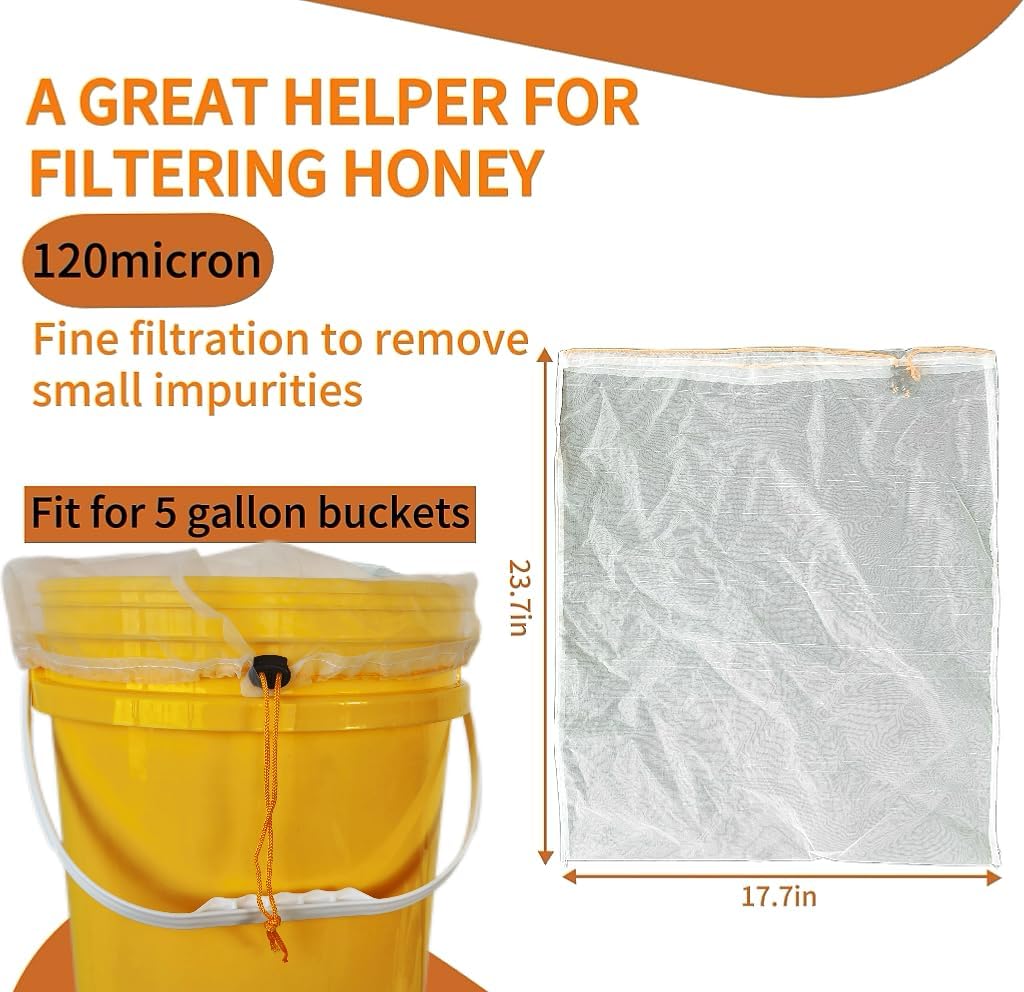 SPMKTQK Honey Strainer, 4 Pcs Honey Filter Bag Ultra-Fine Mesh Strainer with Adjustable Drawstring, Beginner Honey Extractor Equipment in a 5 Gallon Bucket, Bee Supplies Reusable and Washable