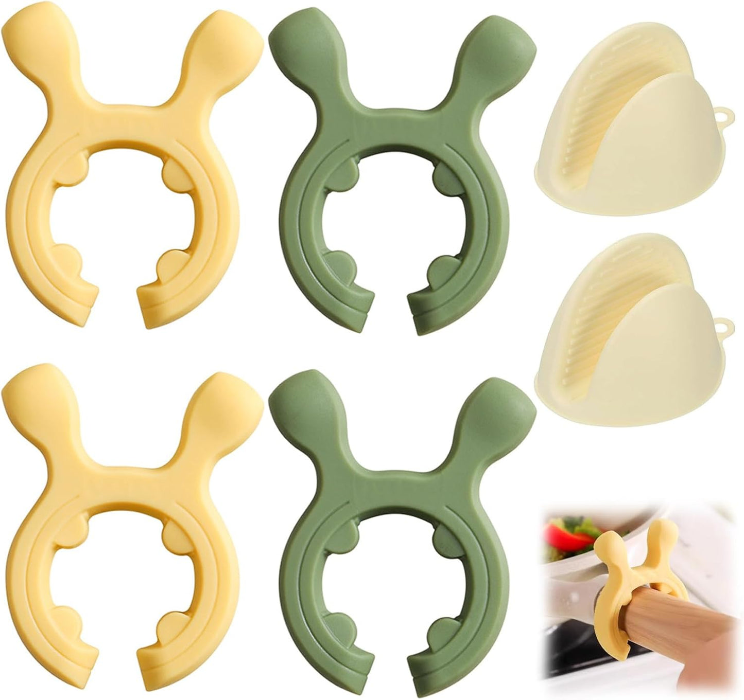 4 PCS Multifunction Silicone Pot Handle Spatula Rack & 2pcs Silicone Oven Mitts, Non-Slip Deer Antler Spoon Holder Stove Organizer Kitchen Gadgets for Pot Handles, Steam Releaser(Green, Yellow)