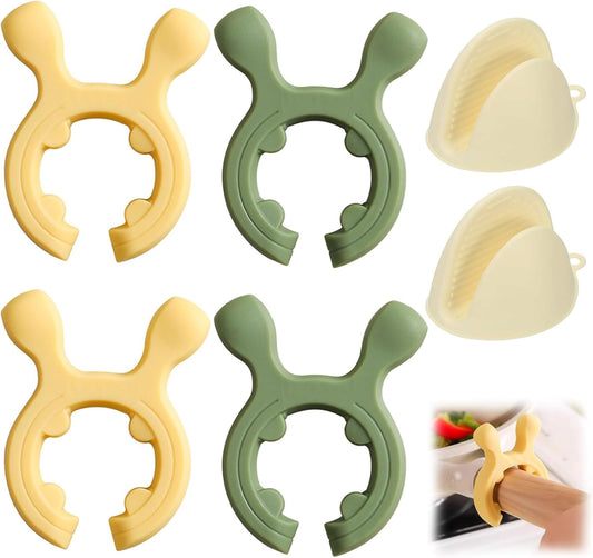 4 PCS Multifunction Silicone Pot Handle Spatula Rack & 2pcs Silicone Oven Mitts, Non-Slip Deer Antler Spoon Holder Stove Organizer Kitchen Gadgets for Pot Handles, Steam Releaser(Green, Yellow)