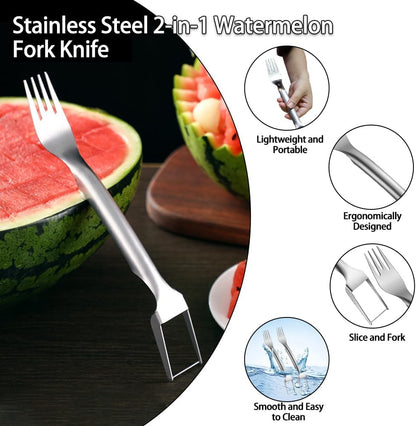 2PCS Watermelon Fork Slicer Cutter，Watermelon Fruit Tools with Melon Baller Scooper, Abnaok Stainless Steel 2-in-1 Watermelon Fork Knife, Portable Dual Head Fruit Forks for Home Party Kitchen Gadget