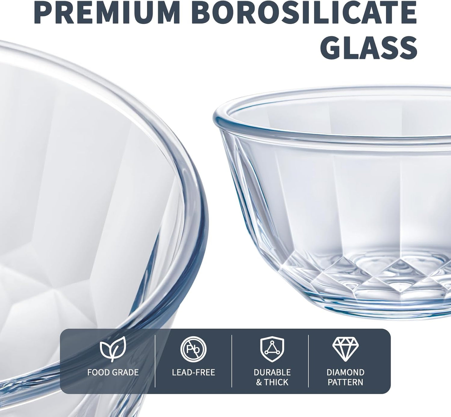 Luvan Glass Mixing Bowls with Lids Set(4.5QT, 2.7QT, 1.1QT)-Large Glass Mixing Bowls, Clear Salad Bowl for Baking, Cooking, Serving, Food Prep, 3PC Nesting Bowls for Kitchen Storage & Dishwasher Safe