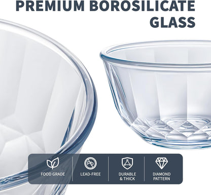 Luvan Glass Mixing Bowls with Lids Set(4.5QT, 2.7QT, 1.1QT)-Large Glass Mixing Bowls, Clear Salad Bowl for Baking, Cooking, Serving, Food Prep, 3PC Nesting Bowls for Kitchen Storage & Dishwasher Safe