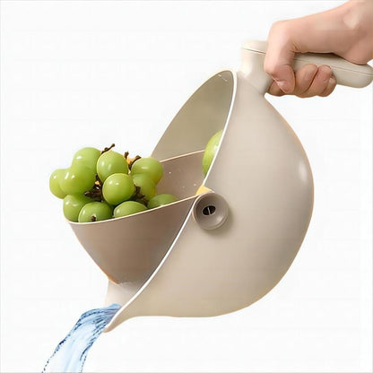 2-1 Kitchen Colander Rotating Washing Basket with Handle - Pasta Strainer - Fruit Washing Bowl with Strainer - Fruit Rinser Container (Avocado Green)