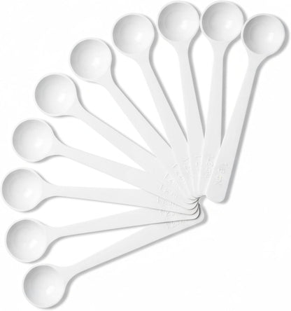 1g Plastic Measuring Spoons (2ml) – Pack of 10 Mini Scoops for Protein Poweder, Baby Formula, Baking, Coffee, Supplements – Approx. 1/5 Teaspoon Scoop (tsp)