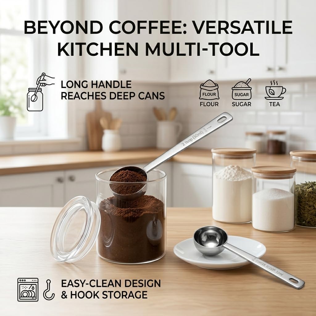 2 Pieces Coffee Scoop Set, Long Handle 304 Stainless Steel Coffee Measuring,1 Tablespoon 15ml 2 Tablespoons 30ml for Ground Coffee Tea Sugar or Flour Silver