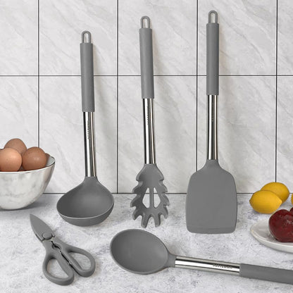 Kitchen Utensils Set-Silicone Cooking Utensils-32 pcs Non-Stick Silicone Cooking Kitchen Utensils Spatula Set with Holder-Best Kitchen Cookware with Stainless Steel Handle (Black)