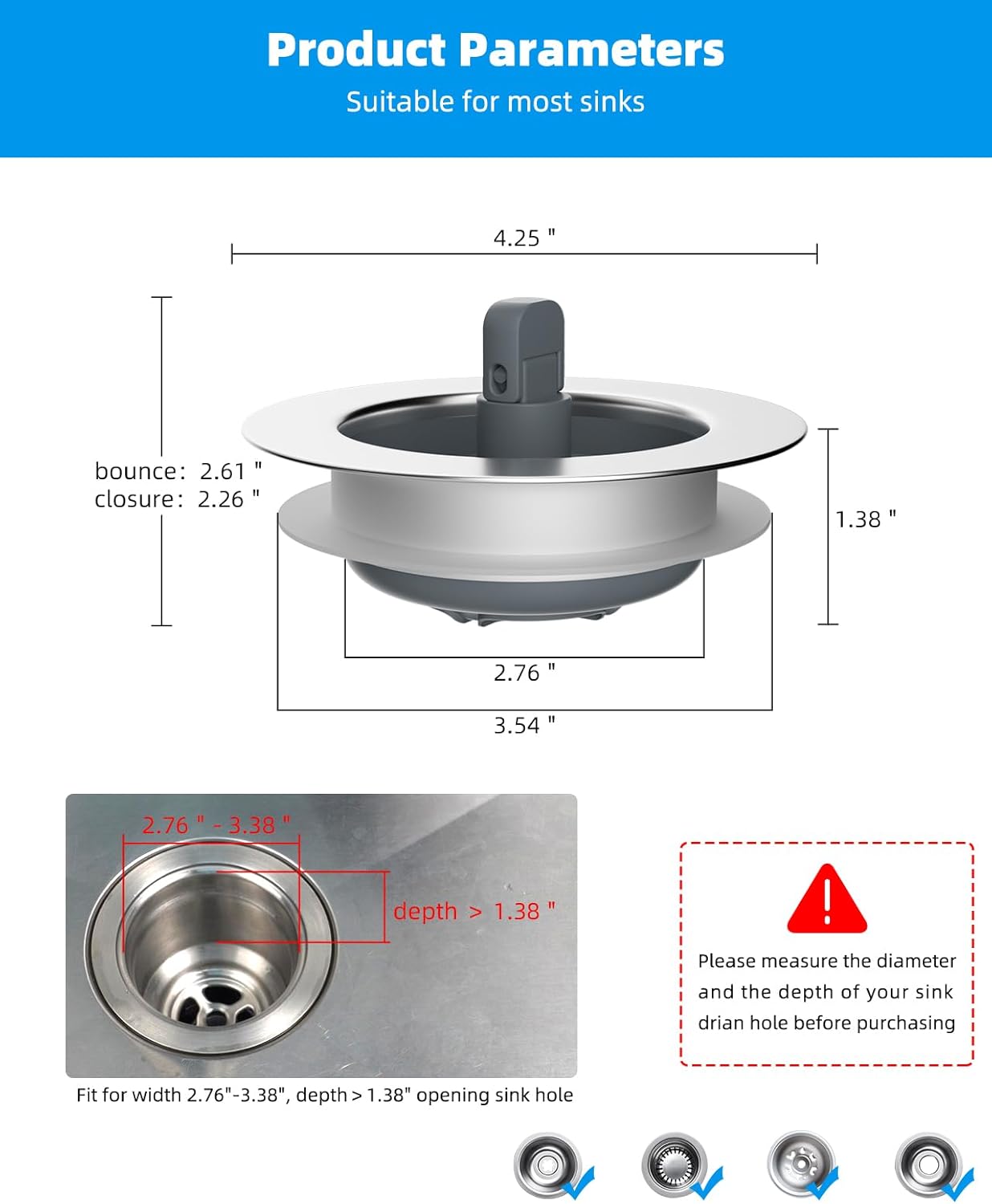 Hibbent Upgraded 3 in 1 Kitchen Sink Drain Strainer and Stopper Combo, Stainless Steel Metal Pop Up Sink Stopper, Anti-Clogging Basket with Foldable Handle for US Standard 3-1/2 Inch Drain