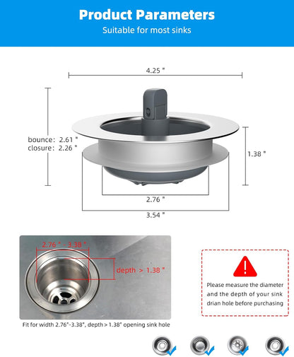 Hibbent Upgraded 3 in 1 Kitchen Sink Drain Strainer and Stopper Combo, Stainless Steel Metal Pop Up Sink Stopper, Anti-Clogging Basket with Foldable Handle for US Standard 3-1/2 Inch Drain