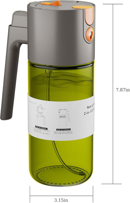 LAKUMIQI 2 in 1 Oil Sprayer for Cooking, 17oz Light-Blocking Glass Spray Bottle with Stickers, Oil Dispenser for Salad, Air Fryer & BBQ