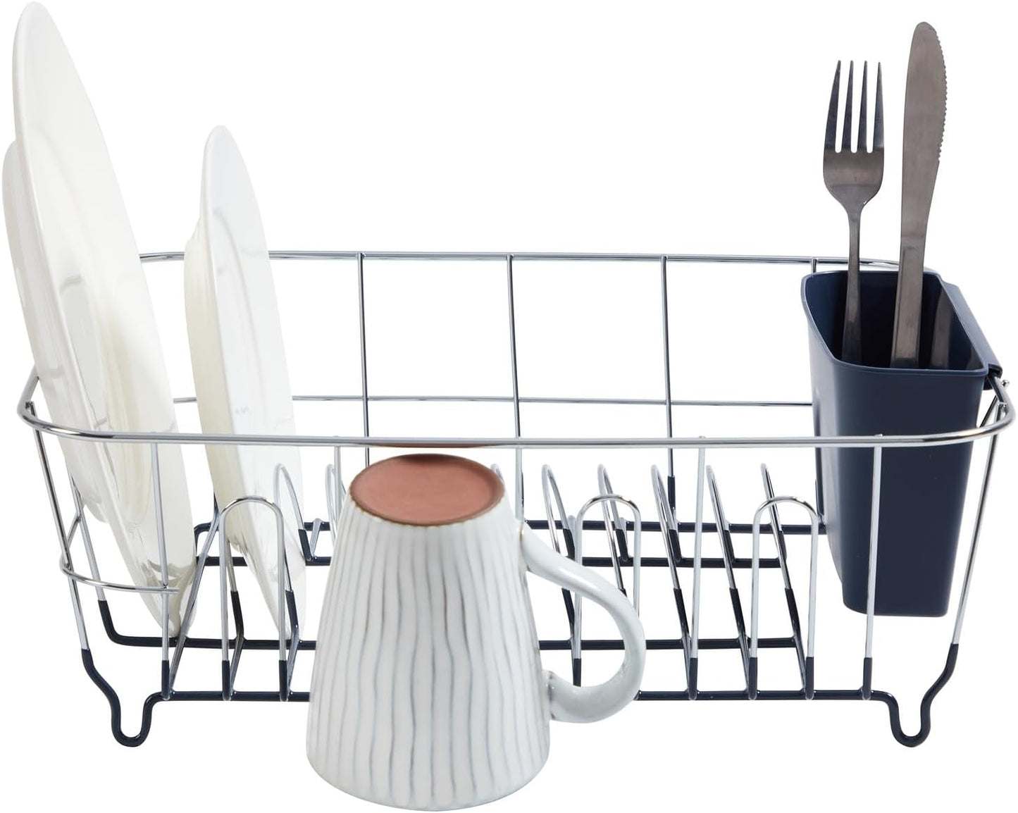 Dish Drying Rack & Cutlery Holder 2 Piece Set - Compact Sink-Fitting Dish Drainer with Rubberized Undercoating, Space-Saving Kitchen Organizer for Plates, Cups, Bowls & Utensils in Sink, Silver