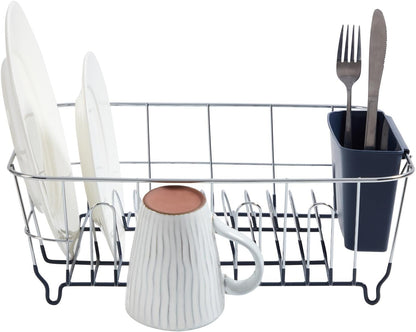 Dish Drying Rack & Cutlery Holder 2 Piece Set - Compact Sink-Fitting Dish Drainer with Rubberized Undercoating, Space-Saving Kitchen Organizer for Plates, Cups, Bowls & Utensils in Sink, Silver