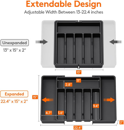 Lifewit Silverware Drawer Organizer, Expandable Utensil Tray for Kitchen, BPA Free Flatware and Cutlery Holder, Adjustable Plastic Storage for Spoons Forks Knives, 11-18 x 14", Black