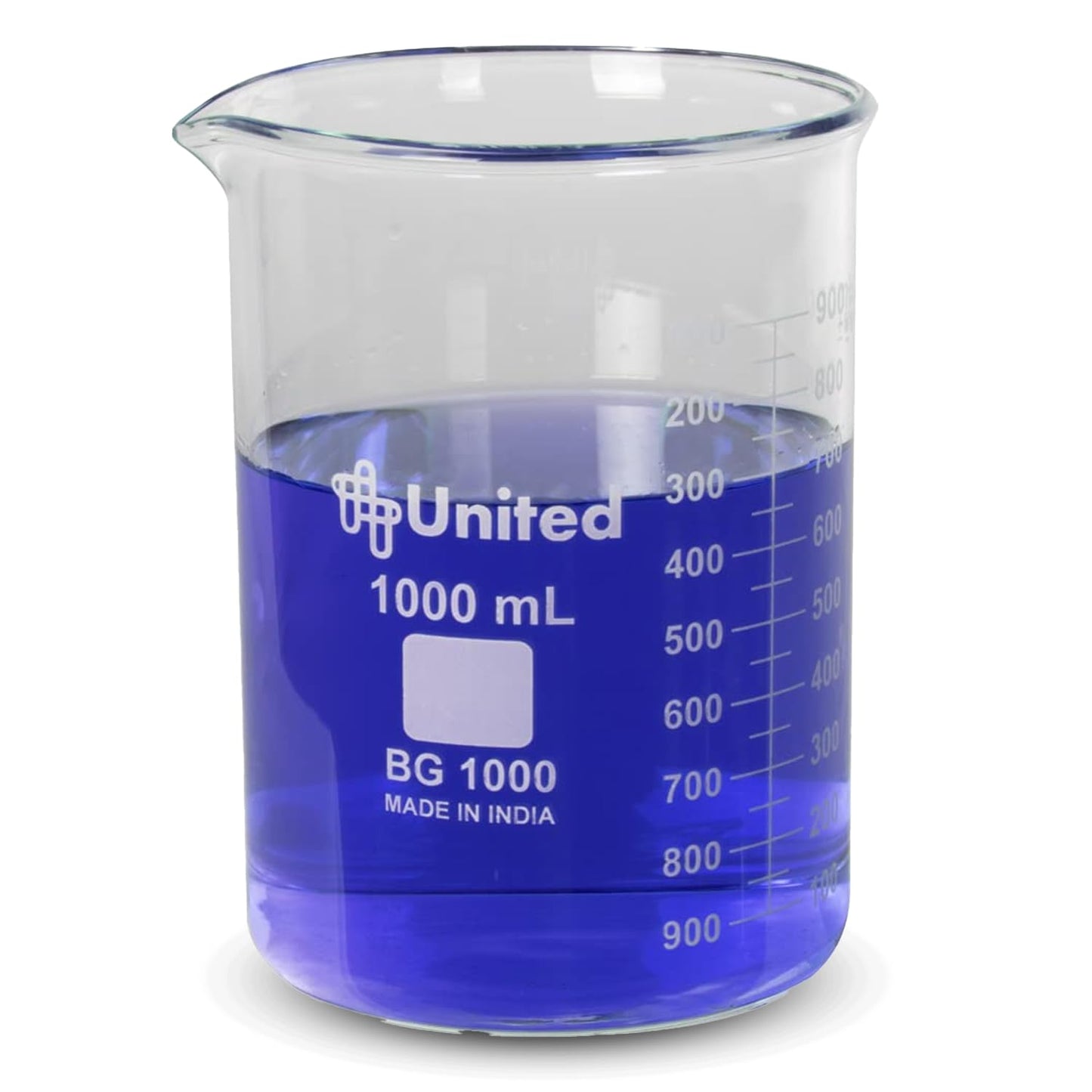 United Scientific™ Chemistry Glassware Measuring Beaker, 1000mL Low Form Griffin, 3.3 Borosilicate Laboratory Glassware, Double Scale Graduated, Autoclavable, ASTM-E960 Compliant, 1 Each