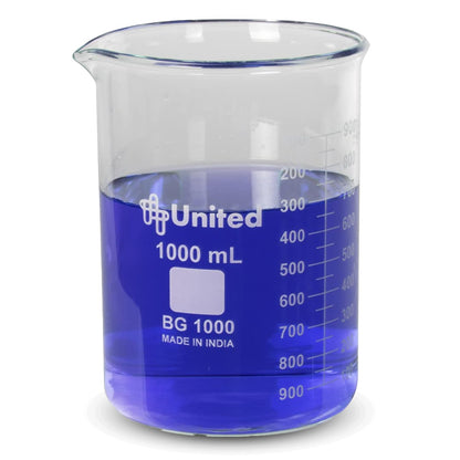 United Scientific™ Chemistry Glassware Measuring Beaker, 1000mL Low Form Griffin, 3.3 Borosilicate Laboratory Glassware, Double Scale Graduated, Autoclavable, ASTM-E960 Compliant, 1 Each