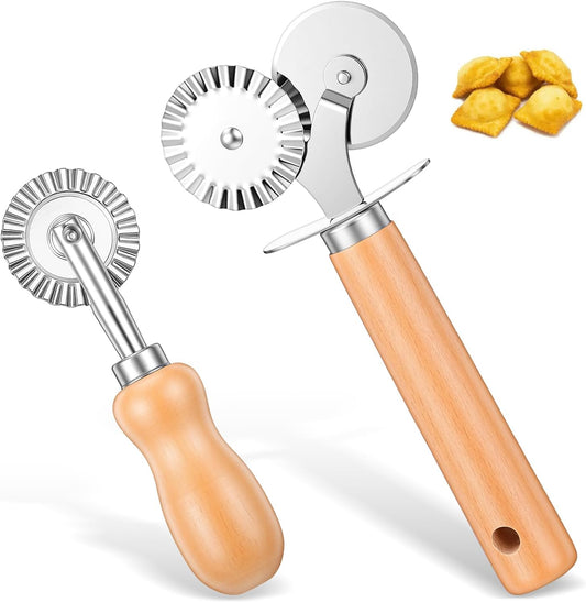 Qianyu 2 Pcs Double Fluted Pasta Cutter Pastry Wheel Cutter Stainless Steel Ravioli Crimper Edge Cheese Slicers Wheel with Wooden Handle for Home Kitchen Making Pastry Pizza Cookie Pasta Tools
