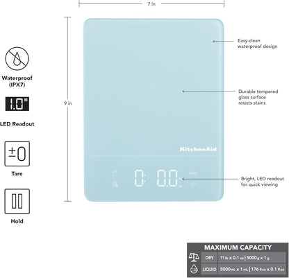 KitchenAid KQ913 Digital Waterproof (IPx7) Kitchen and Food Scale, LED readout, 11 Pound Max Capacity, White
