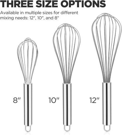 Professional Stainless Steel Wire Whisk Set – 8”, 10”, 12” Balloon Whisks for Eggs, Batter, Sauces & More (3 Pack)