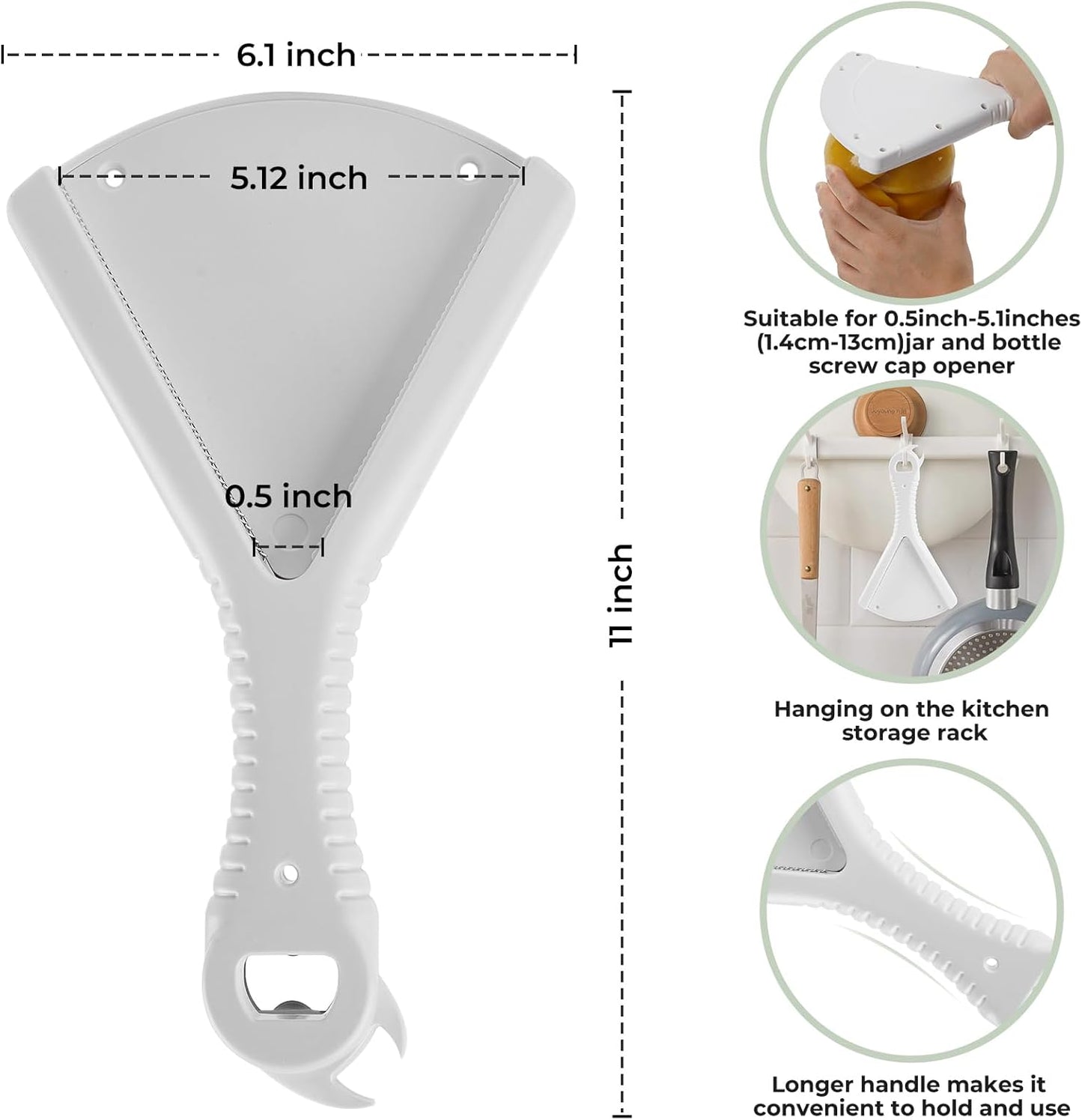 Jar Opener for Weak Hands, Ergonomic Bottle Opener Grip with Limited Hand Strength, Multi-Function Kitchen Gadget for 0.5-5.1 Inch Lids, Gray