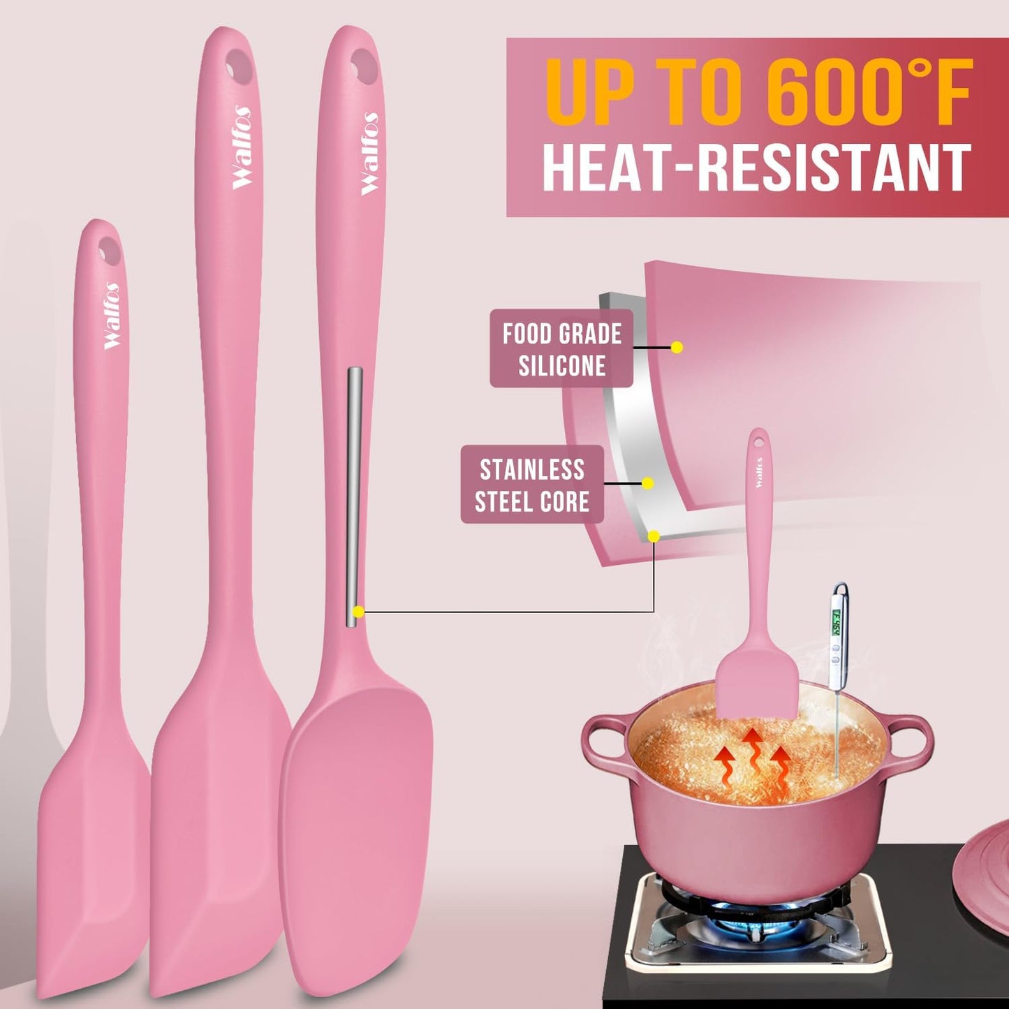 Walfos Silicone Spatula Set of 5 - (600°F) High Heat Resistant Kitchen Scraper Spatulas, One-Pieces Seamless Design, Perfect for Cooking Mixing & Baking - BPA Free and Dishwasher Safe,black