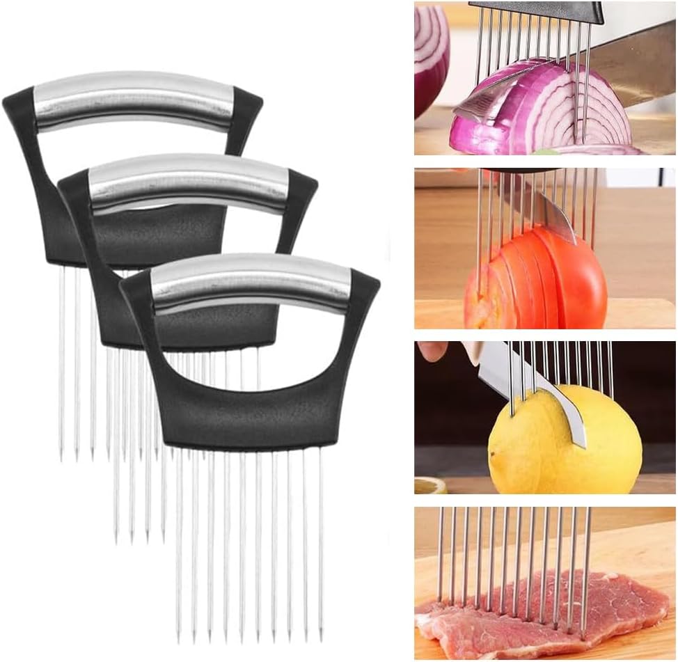 Onion Holder for Slicing, Onion Cutter Vegetable Chopper, Stainless Steel Slicer for Potato, Avocados, Eggs, Food Slicer Assistant Tool for Fruit Lemon and Meat (1)