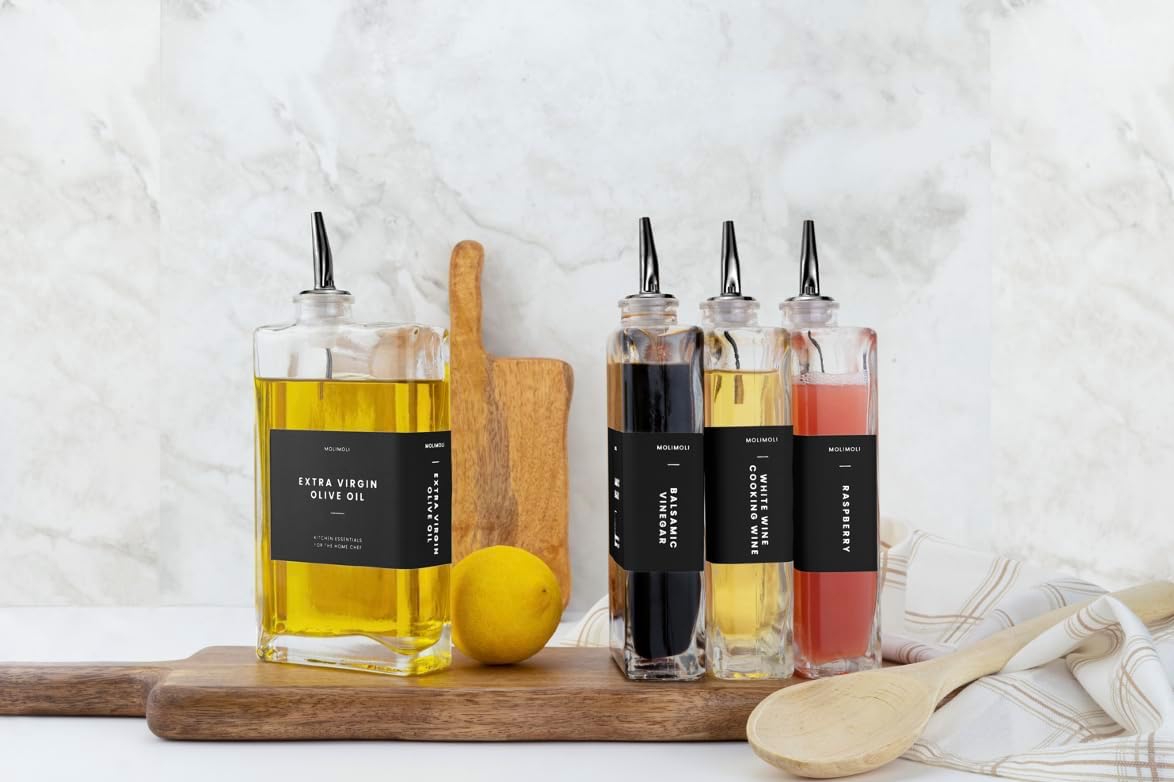 Molimoli Olive Oil Dispenser Bottle for Kitchen, Automatic Pourer, Glass Thin Bottle Dispenser for Kitchen, Olive Oil Cruet, | Set of 2 - Gold