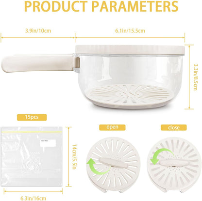 Fruit Washer Strainer Bowl with Foldable Handle, 2 in 1 Fruit Washing Bowl with Strainer with 15 Pcs Food Storage Bags, Fruit Colander Storage Container for Kitchen Fridge Picnic, White