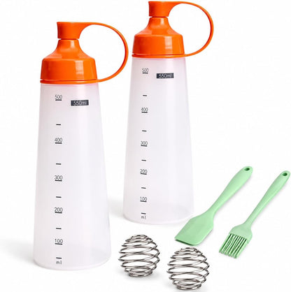 550ml Pancake Batter Dispenser Set of 2 with Mixing Balls, Clear Squeeze Bottle with Measurement Marks, Leakproof Cap, Batter Mixer Tool for Waffles, Crepes, Cupcakes with Spatula and Brush