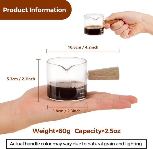 YARRAMATE 6 oz/180ML Glass Measuring Cup with Wooden Handle – Espresso Shot Cups, Ribbed Milk Frothing Pitcher, Dual Scale Markings, V-Shaped Mouth for Easy Pouring
