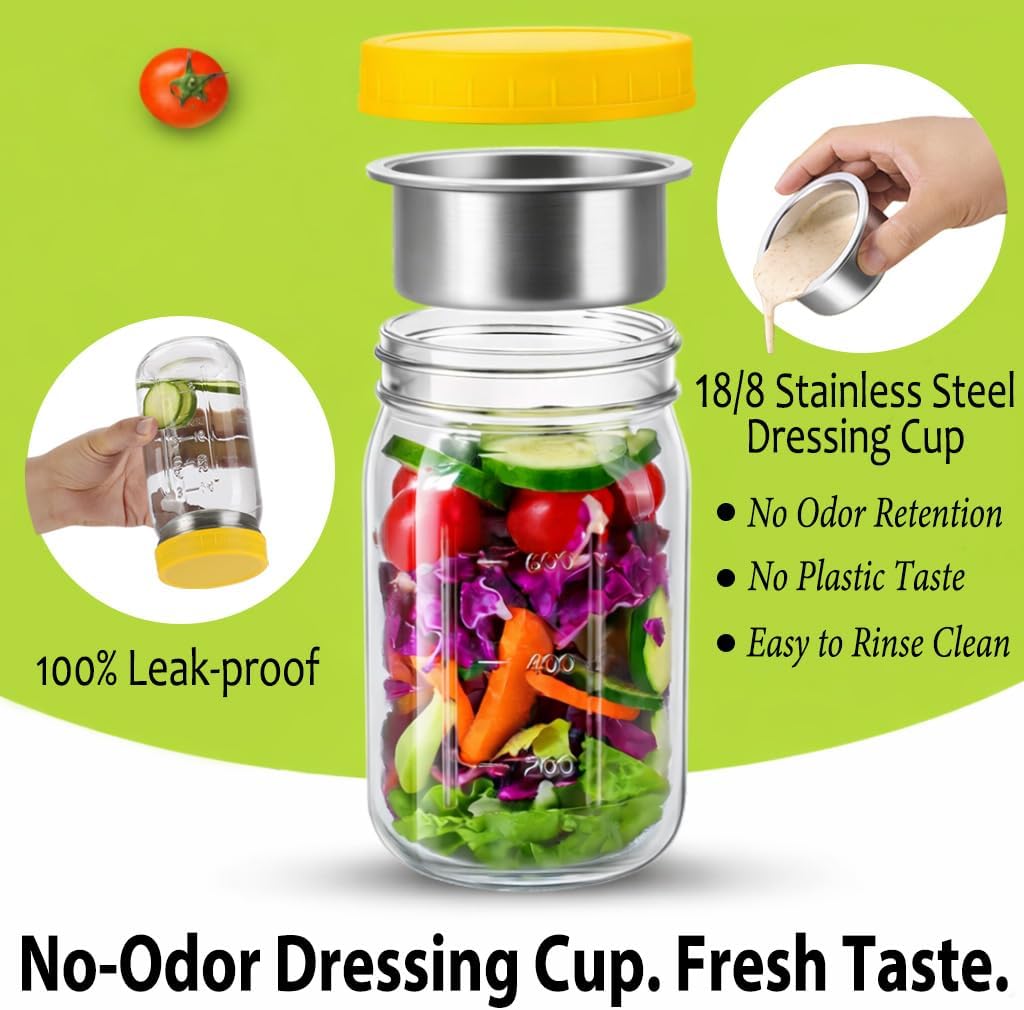 KTKUDY 4 Pack 32 oz Glass Salad Jars with Dressing Cups (Pod) - Meal Prep Salad Container for Lunch - Leakproof Mason Jars with Lids