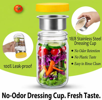 KTKUDY 4 Pack 32 oz Glass Salad Jars with Dressing Cups (Pod) - Meal Prep Salad Container for Lunch - Leakproof Mason Jars with Lids