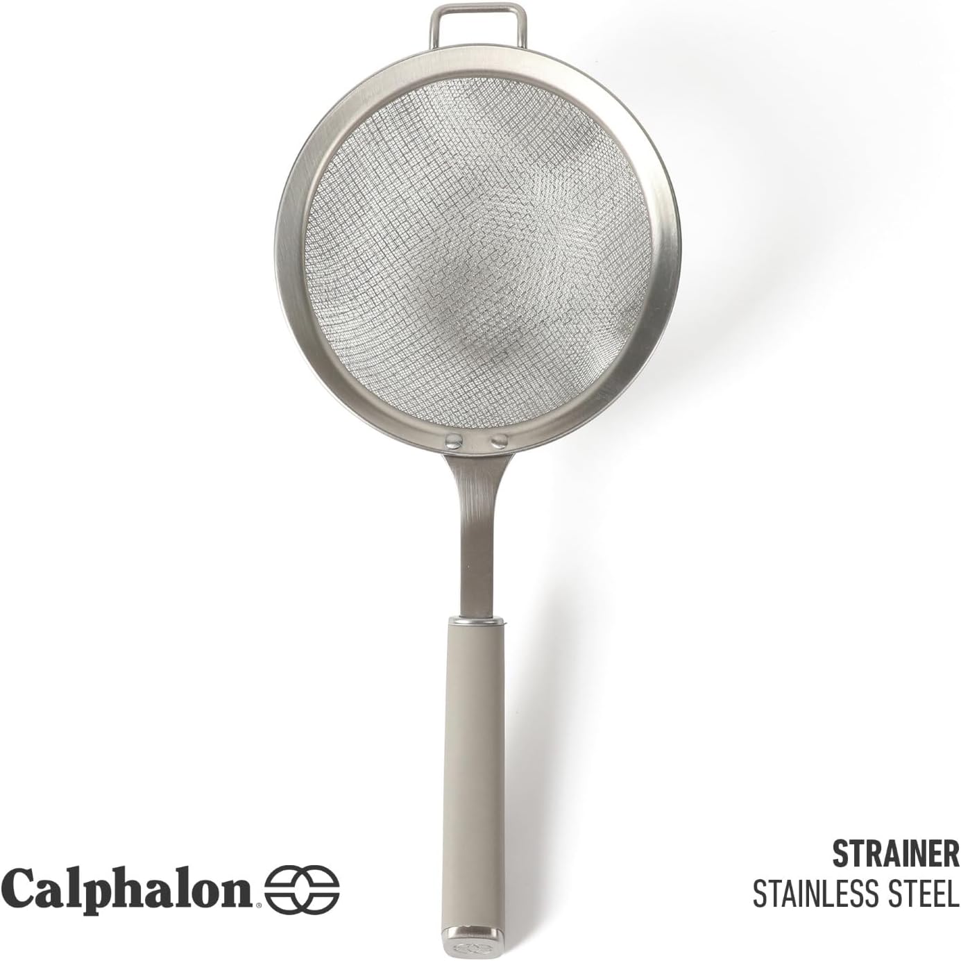 Calphalon Edge Stainless Steel Strainer, Fine Mesh Kitchen Colander Strainer with Thermoplastic Rubber Handle, Sifter for Rinsing, Draining & Straining Food, Navy