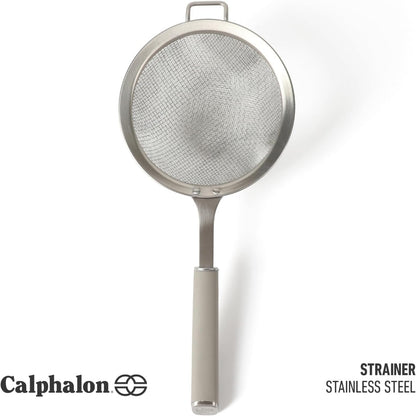 Calphalon Edge Stainless Steel Strainer, Fine Mesh Kitchen Colander Strainer with Thermoplastic Rubber Handle, Sifter for Rinsing, Draining & Straining Food, Navy