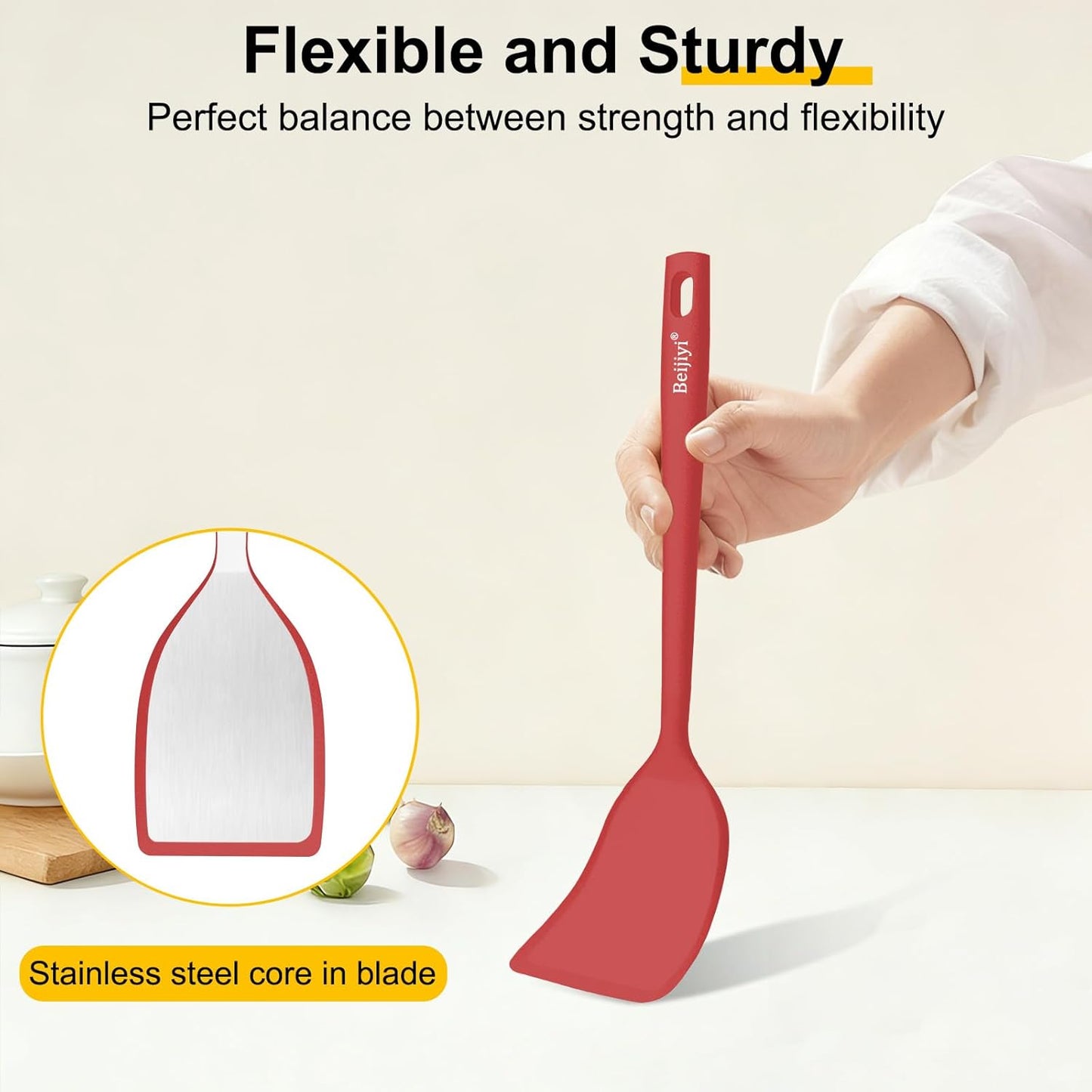 Beijiyi Silicone Spatula Set of 4, 600°F Heat Resistant, BPA Free Kitchen Spatula and Spoons for Nonstick Cookware, Solid & Slotted Turner Cooking Utensils for Serving, Flipping Egg, Pancakes (Khaki)